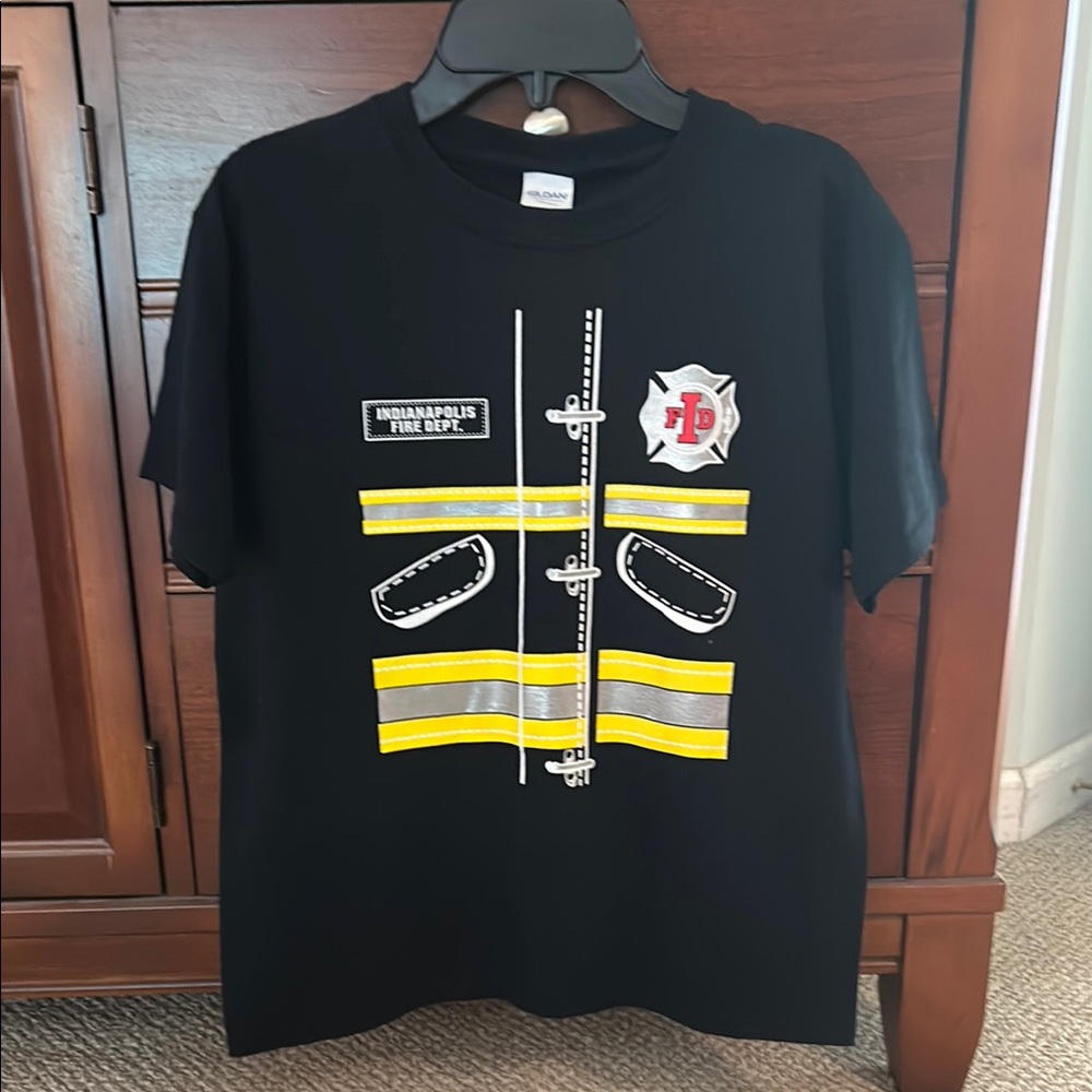 Gildan Black Firefighter Kids Tee with Yellow Stripes